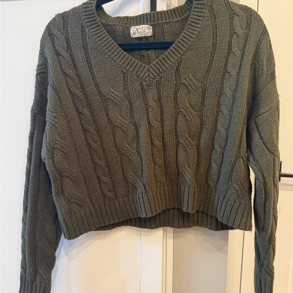 Poof Apparel Olive Cable Knit V-Neck Sweater - Picture 2 of 4